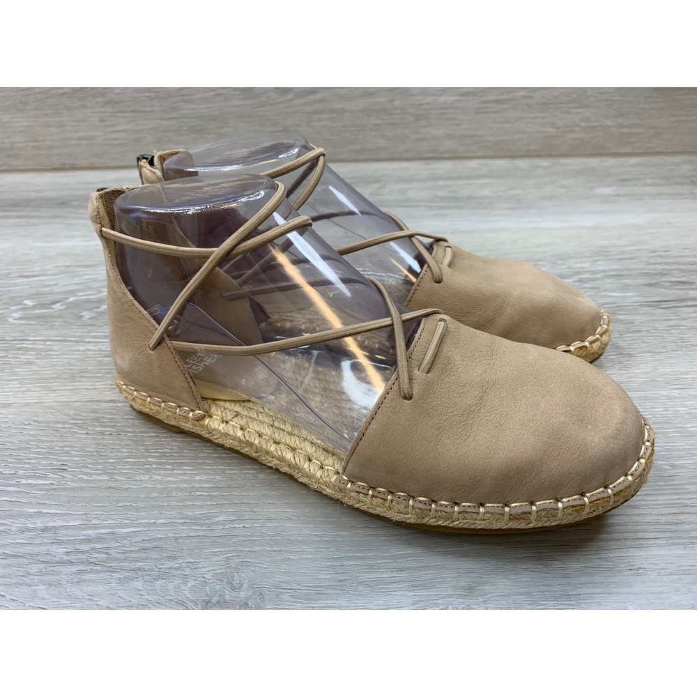 Eileen Fisher Tan Leather Lace Up Espadrille Flats Back Zip Beige 6.5 Shoes